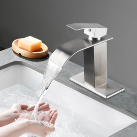 Bathroom Faucet, 1 or 3 Hole Faucet Brushed Nickel Modern Bathroom Faucet, Waterfall Spout Faucet for Bathroom Sink, Single Handle Vanity Sink, Rv Lavatory Washbasin Faucet with Deck Plate & Hose