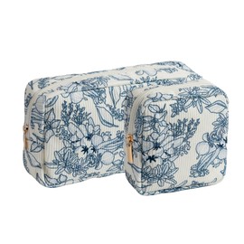 OZAOZ Makeup Bag for Purse Small Cosmetics Bag Corduroy Cute Cosmetic Pouch for Women (2PC Navy blue flower)