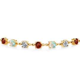 Gem Stone King 18K Yellow Gold Plated Silver Red Garnet White Simulated Opal and Lab Grown Diamond Tennis Bracelet For Women (4.01 Cttw. Fully Adjustable Up to 9 Inch)