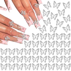 RODAKY 50PCS Butterfly Nail Charms 3D Silver Butterflies Charms for Nails Alloy Butrtefly Nail Gems Nail Decoration for Manicure DIY Design Silver Nail Art Accessories