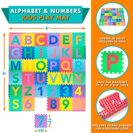 ProSource Kids Puzzle Alphabet, Numbers, 36 Tiles and Edges Play Mat, 12" by 12", Abc & 123