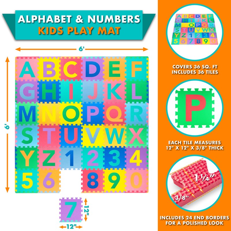 ProSource Kids Puzzle Alphabet, Numbers, 36 Tiles and Edges Play