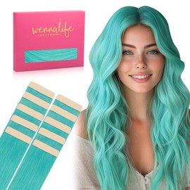 WENNALIFE Tape in Hair Extensions Human Hair, 10pcs 30g 20 inch Teal Green Real Human Hair Extensions for Women Colored Soft Colorful Rallonge Cheveux Humain Naturel Straight Remy Girls Birthday Gifts