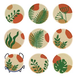 Kadichon 8PCS Abstract Plants Acrylic Diamond Art Painting Coasters Kit with Holder DIY Boho Leaf Diamond Drink Coasters for Adults Beginner Craft Supplies Home Decor