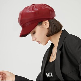 XYIYI Women's Fiddler Cap Newsboy Hat PU Leather Visor Beret Cap Paperboy Gatsby Hat, red