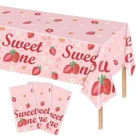 MORAINJAY 3Pcs Strawberry Sweet One Table Cloths,137 * 274cm Large Strawberry Table Covers,Strawberry Plastic Tablecloth Sweet Table Decoration for Girls Birthday Baby Shower Sweet One Party Supplies