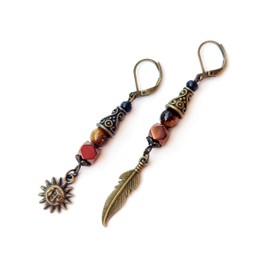 Bronze Tiger Eye Men Earrings Set of Two Feather Sun and Moon - Hematite Single Hippie Hoop Earrings Gemstone - Dangle Pirate Men's Earring - Tribal Man Earring