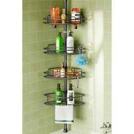HAMITOR Corner Shower Caddy Tension Pole: 4-Tier Rust-Resistant Adjustable Bathroom Organizer Shelves - 47-121 Inch No-Drill Quick Installation - Space-Saving Storage for Renters Families - Black