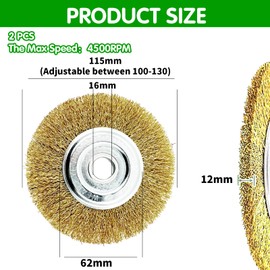 2 PCS Brass Coated Wire Brush Wheel, 115mm Wire Brush for Rust Removal, Wire Brush Set, Bench Brass Plated Crimped Steel, Wire Wheel Brush with 5/8-Inch Arbor Hole for Cleaning, Polishing