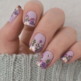 Flower Press on Nails Spring Fake Nails Short Square False Nails with Purple Blossoms Designs Purple Glue on Nails Spring Stick on Nails Summer Full Cover Cute Acrylic Nails Glossy Artificial Nails