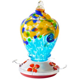 Naboher Hummingbird Feeders for Outdoors Patio Large 32 Ounces Colorful Hand Blown Glass Hummingbird Feeder with Ant Moat Hanging Hook, Rope, Brush(Glacier Blue)