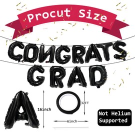 16 Inches 'CONGRATS GRAD' Graduation Letter Balloons Banner for High School, College, Graduation Party Decorations, and Prom Ceremony Decor (Black)