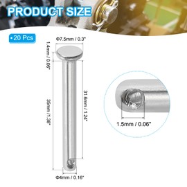 PATIKIL 4 x 35 mm Single Hole Clevis Pins, 20 Pcs 304 Stainless Steel Flat Head Pin for Hitch Pin Lock Link Hinge Systems, Silver