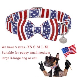 UP URARA PUP Dog Collar with Bow Tie, 4th of July Comfortable Cotton Dog Collar, American Flag Collar for Puppy Girl Boy Dog or Cat, Patriotic Bowtie Collar with Metal Buckle, XS, Neck 8-12in