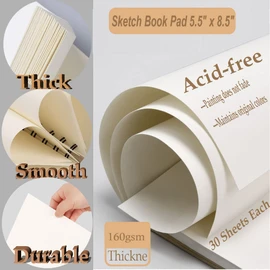 Sketch Book Pad, Drawing Paper Spiral Bound, 98lb/160gsm, Pack of 3, 90 Sheets, Durable Acid Free Sketchbook for Painting (3 Pack- 5.5"X8.5")