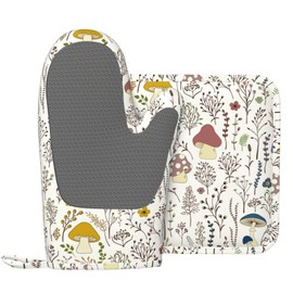 Cute Wild Plants Mushroom Oven Mitts and Pot Holders Set of 2 Silicone Heat Resistant Oven Mitten Potholders Non Slip Gloves Kitchen Decor for BBQ Cooking Grilling Baking