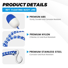 16Ft Adjustable Pool Safety Rope by puxyblue with Floats for Indoor and Outdoor Swimming Pools Separating Depth-Floating Buoy Line with 7 Floats and 2 Hooks