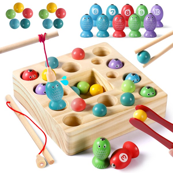Montessori Toys for Girls Boys Montessori Toys 3 in 1 Fishing Game Bright Color Wooden Fishing Toys Toys for Girls Kids Toys Magnetic Toys for Children Toys Storage Magnet Girls Toys Wooden Beads Birthday Gift Fajiabao