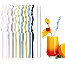10 Pcs Reusable Wavy Colorful Glass Straws,9''x8 mm Shatter Resistant Cute Drinking Straws with 2 Cleaner Brush for Beverages,Coffee,Juice,Cocktail,Teas