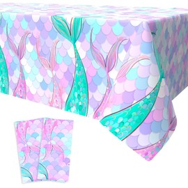Xinvery Mermaid Tablecloth, Purple Mermaid Party Tablecloth, Rectangular, Plastic, Mermaid Theme, Birthday Party Decoration for Children, Girls, Boys, 2 Pieces, 137 x 274 cm