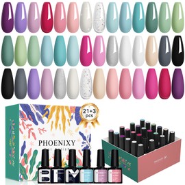 PHOENIXY- Esmalte de uñas en gel, juego de 21 colores de esmalte de uñas en gel, rosa, rojo, azul, verde, gris, negro, kit de uñas con purpurina      