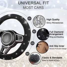 NBTEPEM 8 pcs Bling Car Accessories Set for Women, Bling Rhinestone Diamond Steering Wheel Cover, Sparkly Seat Belt Covers, Bling Gear Shift Cover, Universal Fit Most Cars (Black Diamond)