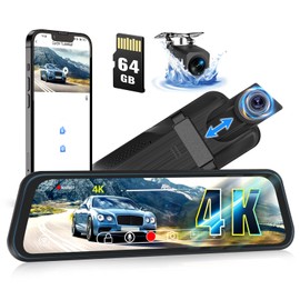 CAMECHO 4K WiFi Mirror Dash Cam, 9.66" Rear View Mirror Camera with 64GB Card, Dash Cam Front and Back Reverse Camera for Cars, Loop Recording, G-Sensor, Night Vision Parking Assistance