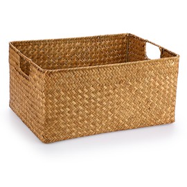 Hipiwe Seagrass Storage Baskets Bin for Shelf Handwoven Wicker Baskets Built-in Handles Rectangular Closet Bedroom Organizer Box Multipurpose Woven Basket Bins,14.6"x 10.6"x 7.1"