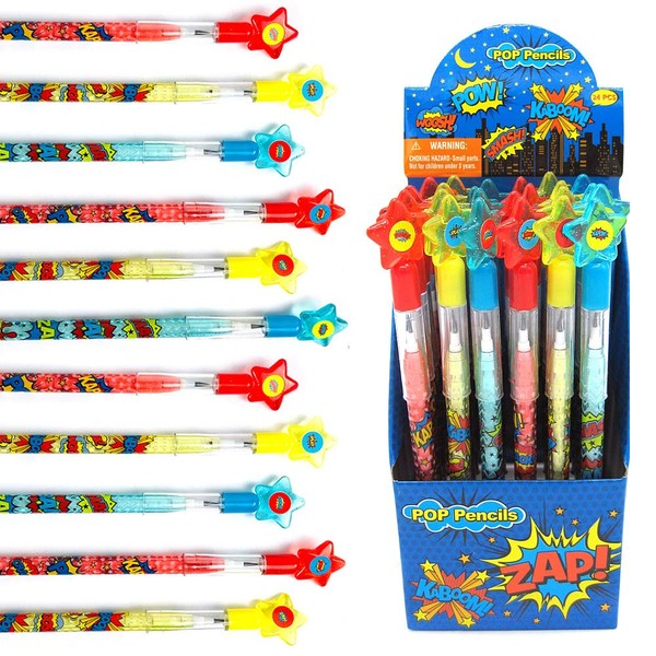 Tiny Mills 24 Pcs Superhero Text Multi Point Stackable Pencil with Eraser for Superhero Birthday Party Favor Prize Carnival Goodie Bag Stuffers Classroom Rewards