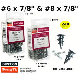 (Qty 240) #6 - #8 x 7/8” Wall Anchors and Screws Zinc Hollow Door Hollow Wall Anchors Self Drilling Drywall Anchors 6 Pack Screws and Anchors Kit