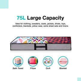 K-One Set of 2 UnderBed Foldable Storage Bags Large Capacity Clothes Blankets Duvet Bedding Storage Organizer Bags With Zip 106 x 45.5 x 15cm Clear Window With Carry Handles (GREY)