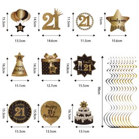 Happy 21st Birthday Party Hanging Swirls Streams Ceiling Decorations, Celebration 21 Foil Hanging Swirls with Cutouts for 21 Years Old Black and Gold Birthday Party Decorations Supplies