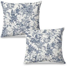Exqcom Vintage Toile De Jouy Floral Pillow Covers 18x18 Set of 2, Blue and White French Country Throw Pillow Covers for Home Bedroom Living Room, French Country Decor, Botanical Decor