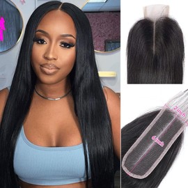 2x6 HD Lace Closure Kim K Long Deep Parting Straight Human Hair Closure Pre Plucked 100% Human Hair Tiny Knots 0.10mm Ultra-thin Invisible Lace Closure Natural Black Color(8 Inch)