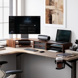 Fenge Dual Monitor Stand, Corner Desk Shelf with Drawer & Slide-Out Tray