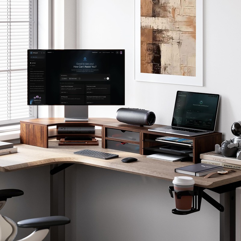 Fenge Dual Monitor Stand, Corner Desk Shelf with Drawer &