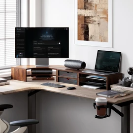 Fenge Dual Monitor Stand, Corner Desk Shelf with Drawer & Slide-Out Tray