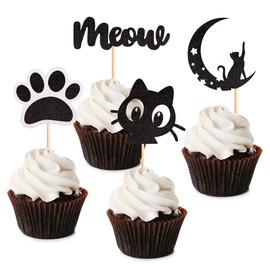 Cyodoos 24Pcs Cat Cupcake Toppers Black Glitter Meow Kitten Baby Birthday Cupcake Picks for Cat Lover Kitten Theme Baby Shower Kids Birthday Wedding Party Supplies