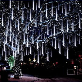 Aukora - Luces blancas de Navidad para exteriores, enchufe UL, 24 tubos 576 LED, luz de lluvia de meteoros, carámbano en tandemable, luz de lluvia para árbol de Navidad, Halloween, decoraciones de