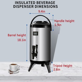 Insulated beverage Dispenser, 12L/3.2gallon 304 thickened food-grade stainless steel Hot Drink Dispenser, hot&cold water urn with thermometer faucet for hot tea&coffee, cold milk, water, juice(silver)