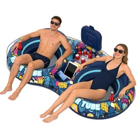 Pool Floats Adult, 2 Person River Tubes Inflatable 5-in-1 Heavy Duty River Raft with Backrests Builtin Cooler 2 Cup Holders Floating Lounge for Lake Swimming Tanning Pool Toys Summer Relaxation