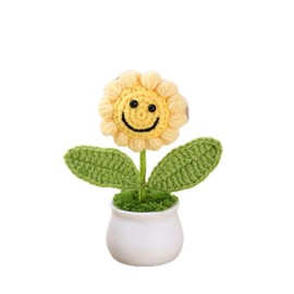MENGYUEXUAN Hand-Woven Crochet Sunflower Gift - Emotional Support Flower, Tabletop Decor, Positive Wool Potted Plant for Kids, Home & Office (Light Yellow Smiley Sunflower)