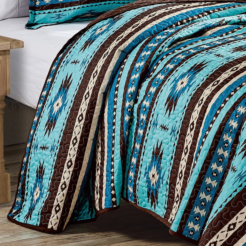 Linen Mart Southwestern Turquoise Tan Aztec Coverlet - 5 Piece