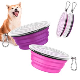 Pawaboo Collapsible Dog Bowls 2 Pack, Silicone Feeding Watering Bowls with Lids & Carabiners for Dogs Cats, Portable Water Feeder Food Bowl for Walking Traveling Home Use, 1000ml, Pink + Purple