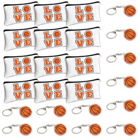 12 Pcs Basketball Makeup Bags and 12 Pcs Basketball Keychains, Portable Toiletry Cosmetic Bag with Zippers Storage Pencil Cases Team Gifts Basketball Party Supplies for Girls and Boys