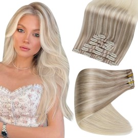 Full Shine Blonde Clip in Hair Extensions Balayage Blonde Ash Blonde Mix Platinum Blonde Human Hair Clip in Extensions 18 Inch White Clip in Hair Extensions Hair Extensions Invisible 8 Pcs 120 Grams