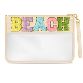 Morcheiong Chenille Letter Bag Cute Clear Zipper Stuff Pouch Portable Multi-purpose PVC and Nylon Makeup Bag with Handle for Travel School Gym Beach（Beige Beach）