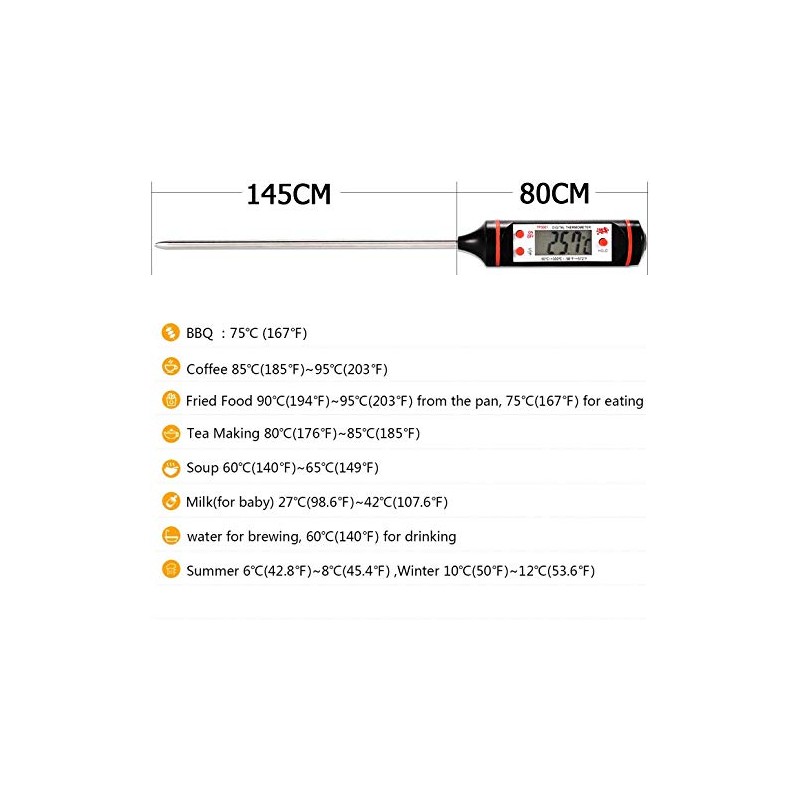 Termómetro de Cocina Digital, Pantalla LCD, Pincho Acero Inoxidable, Negro