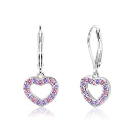 925 Sterling Silver Earrings for Women Girls, Hypoallergenic Cute Lovely Pink Stone Cubic Zirconia Heart Dangle Earring Sterling Silver French Hook Huggie Hoop with Heart Drop Leverback earrings