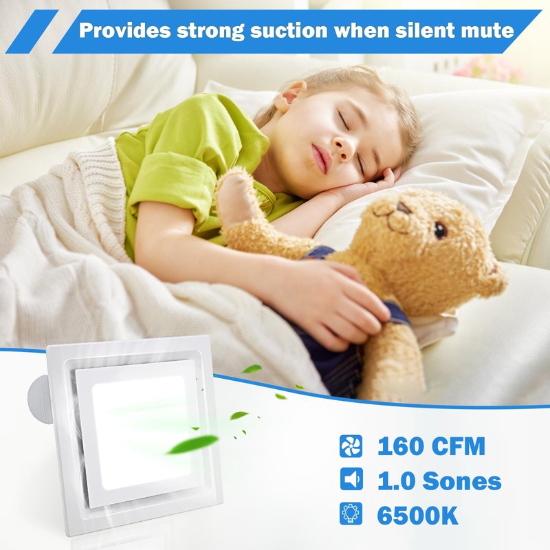 FEITON Square Bathroom Exhaust Fan with Light, 160 CFM 35W